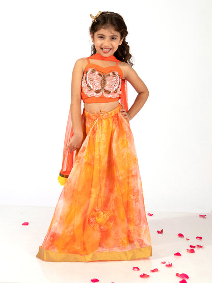 Elaisha Girls Spaghetti Butterfly hand Embroidered Top and Organza Flared Skirt Set - Orange