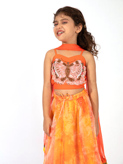 Elaisha Girls Spaghetti Butterfly hand Embroidered Top and Organza Flared Skirt Set - Orange
