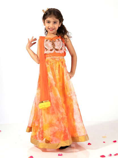 Elaisha Girls Spaghetti Butterfly hand Embroidered Top and Organza Flared Skirt Set - Orange
