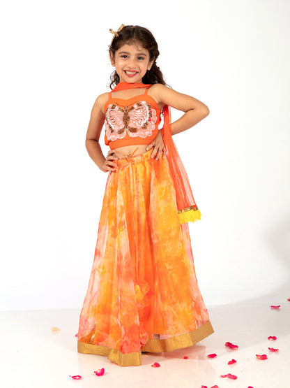 Elaisha Girls Spaghetti Butterfly hand Embroidered Top and Organza Flared Skirt Set - Orange