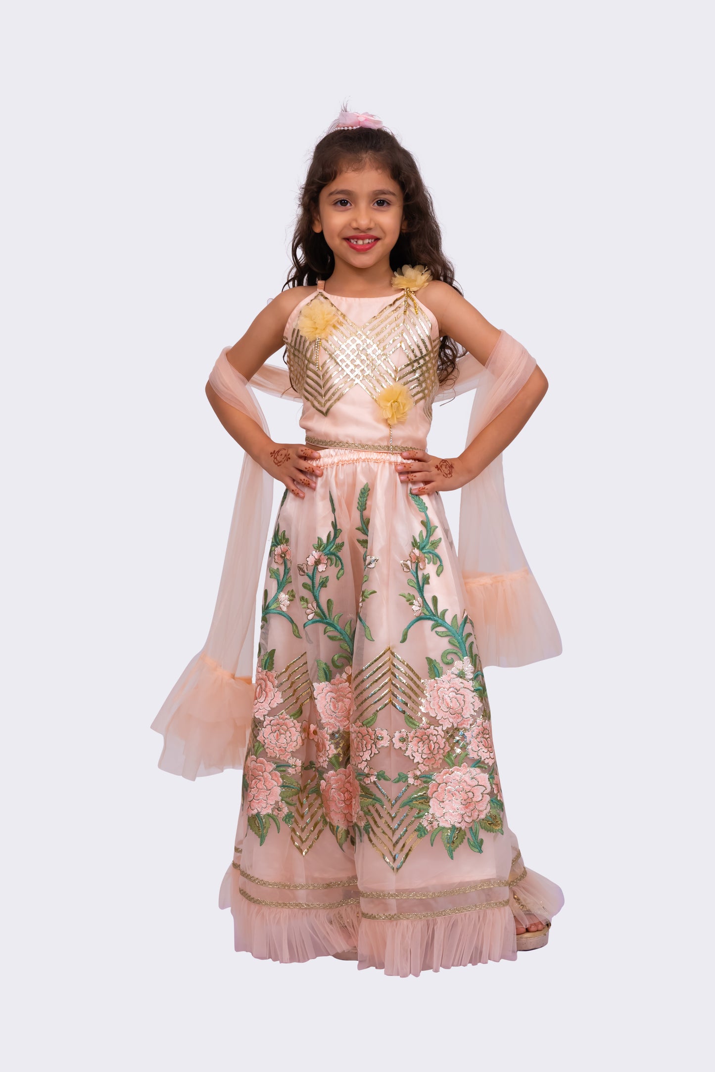 Elaisha Woven Sleeveless Embellished Top & All Over Embroidered Lehenga With Dupatta-peach