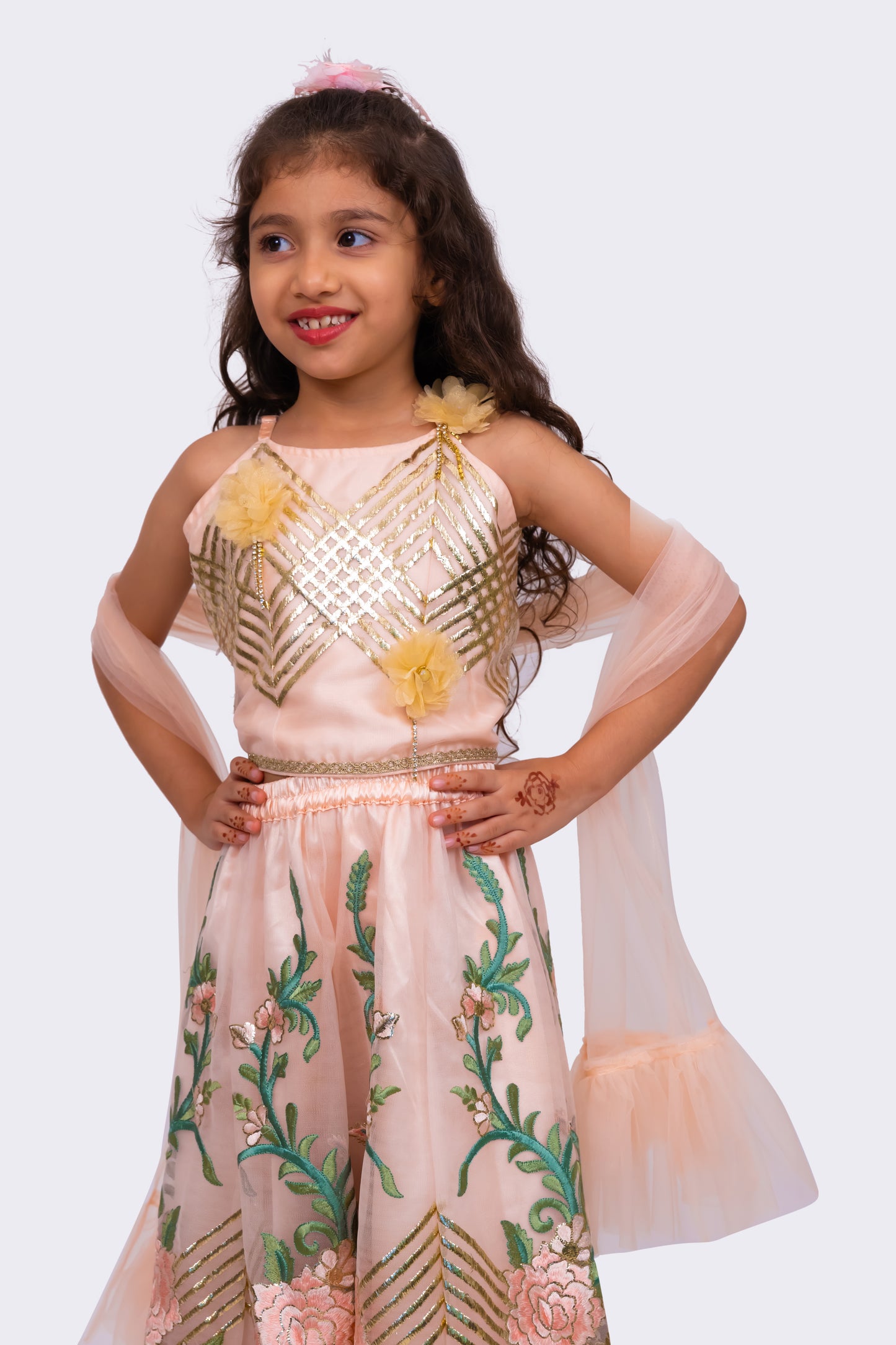 Elaisha Woven Sleeveless Embellished Top & All Over Embroidered Lehenga With Dupatta-peach