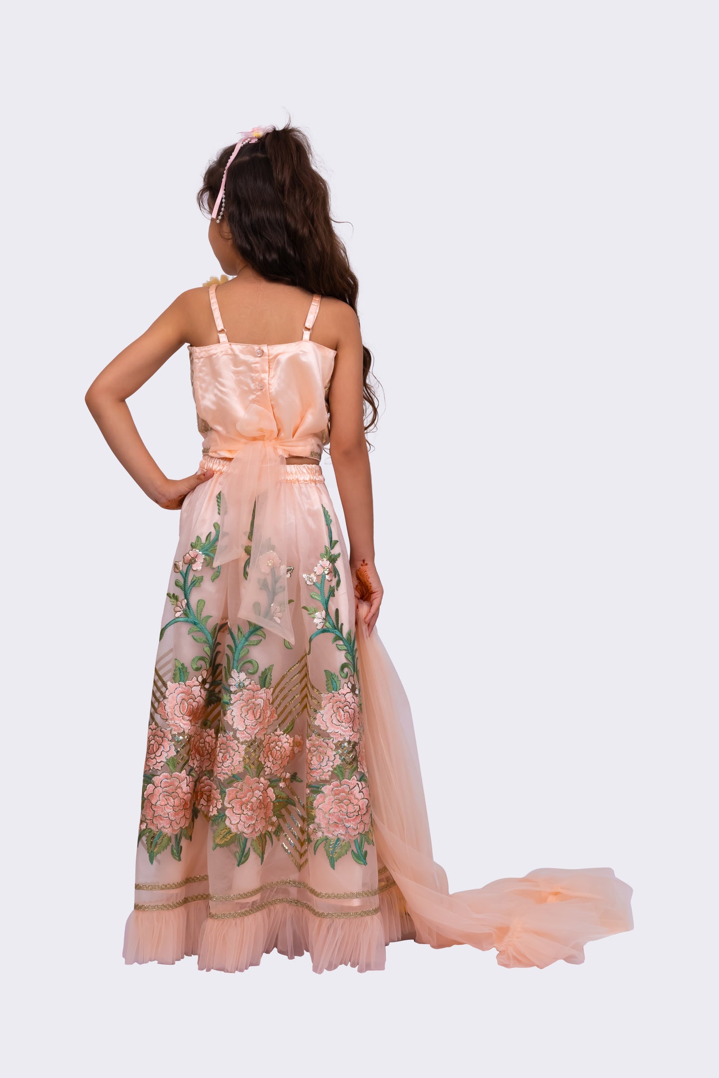 Elaisha Woven Sleeveless Embellished Top & All Over Embroidered Lehenga With Dupatta-peach