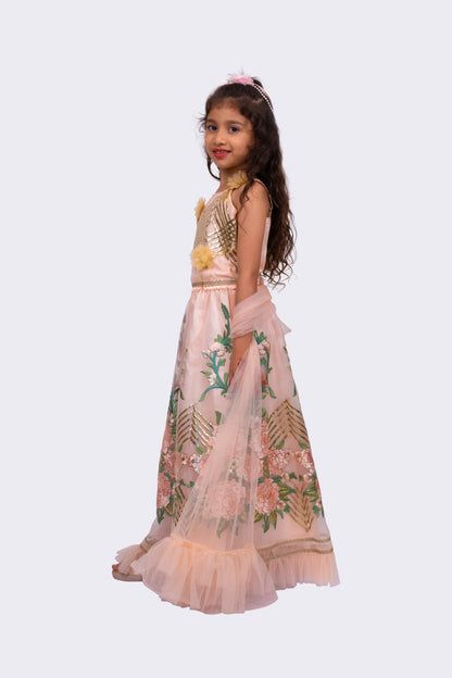 Elaisha Woven Sleeveless Embellished Top & All Over Embroidered Lehenga With Dupatta-peach