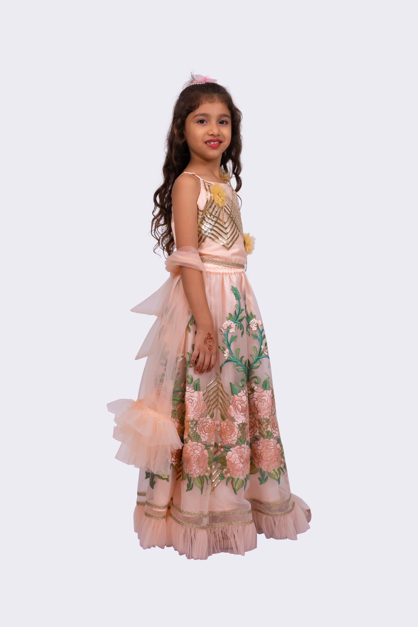 Elaisha Woven Sleeveless Embellished Top & All Over Embroidered Lehenga With Dupatta-peach