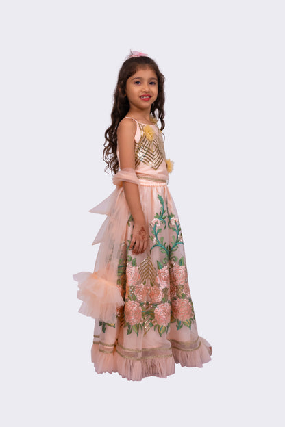 Elaisha Woven Sleeveless Embellished Top & All Over Embroidered Lehenga With Dupatta-peach