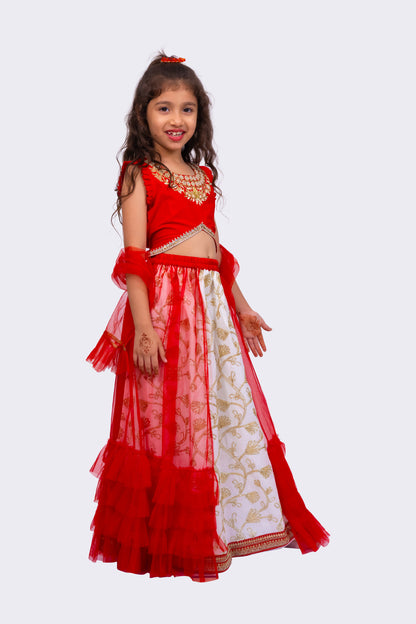 Elaisha Woven Sleeveless  Placement Embroidered Top & Embellished Lehenga With Dupatta-Red
