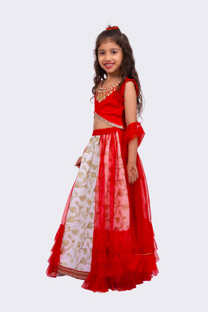 Elaisha Woven Sleeveless  Placement Embroidered Top & Embellished Lehenga With Dupatta-Red