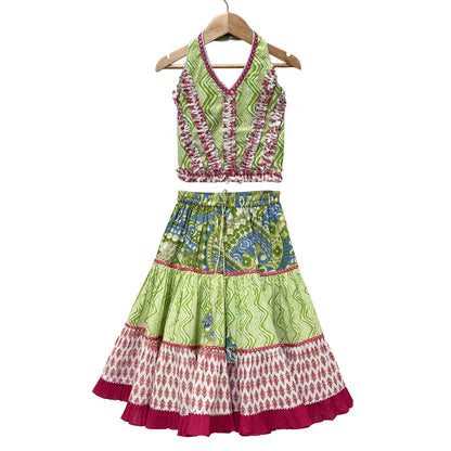 Elaisha Woven Cotton Sleeveless All Over Printed Top With Lehenga-Olivegreen & Pink