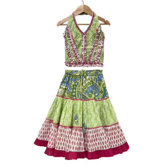 Elaisha Woven Cotton Sleeveless All Over Printed Top With Lehenga-Olivegreen & Pink