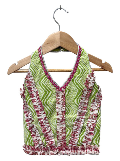 Elaisha Woven Cotton Sleeveless All Over Printed Top With Lehenga-Olivegreen & Pink