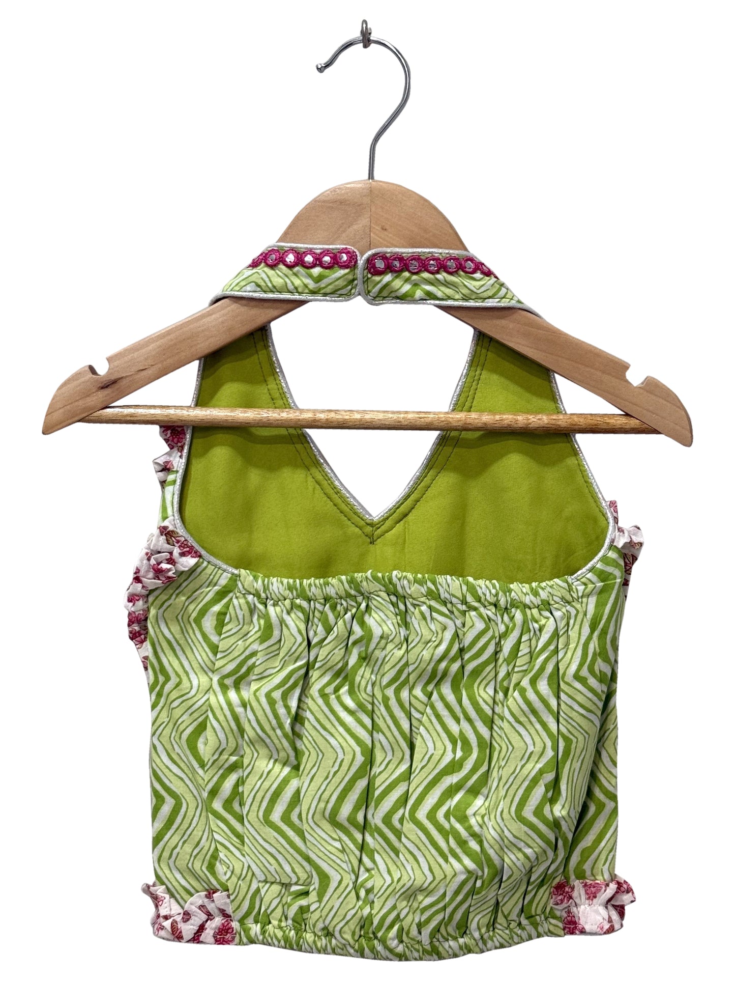 Elaisha Woven Cotton Sleeveless All Over Printed Top With Lehenga-Olivegreen & Pink