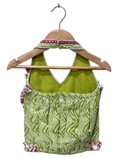 Elaisha Woven Cotton Sleeveless All Over Printed Top With Lehenga-Olivegreen & Pink