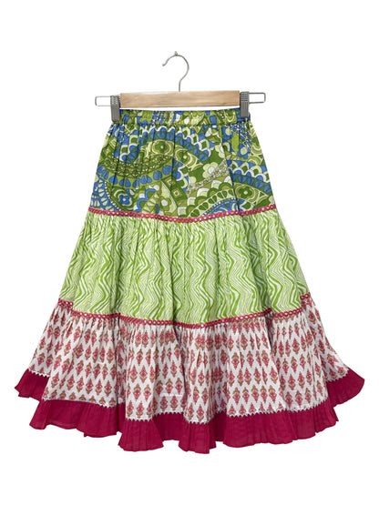 Elaisha Woven Cotton Sleeveless All Over Printed Top With Lehenga-Olivegreen & Pink