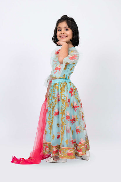Elaisha Girls Floral Motifs Heavily Embroidered Top & Ghagra with Net Dupatta Set - Sea Green & Pink