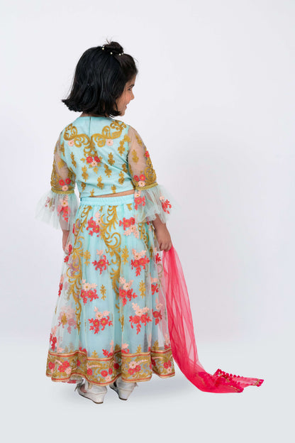 Elaisha Girls Floral Motifs Heavily Embroidered Top & Ghagra with Net Dupatta Set - Sea Green & Pink