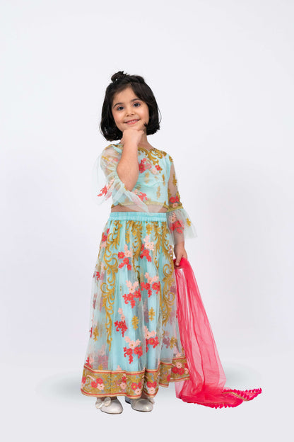 Elaisha Girls Floral Motifs Heavily Embroidered Top & Ghagra with Net Dupatta Set - Sea Green & Pink