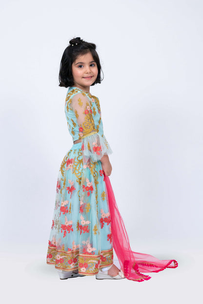 Elaisha Girls Floral Motifs Heavily Embroidered Top & Ghagra with Net Dupatta Set - Sea Green & Pink