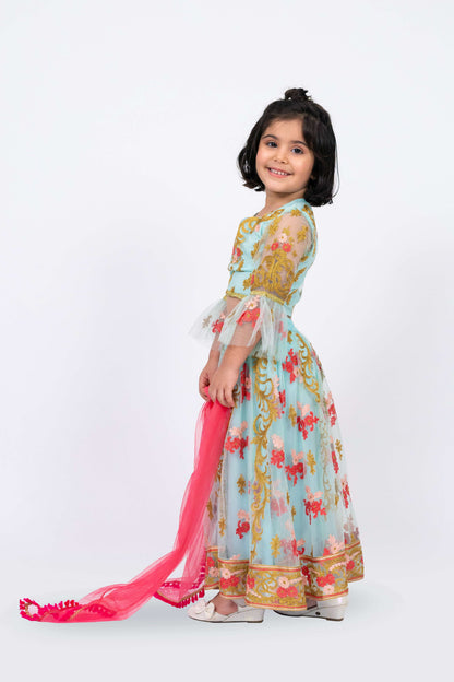 Elaisha Girls Floral Motifs Heavily Embroidered Top & Ghagra with Net Dupatta Set - Sea Green & Pink