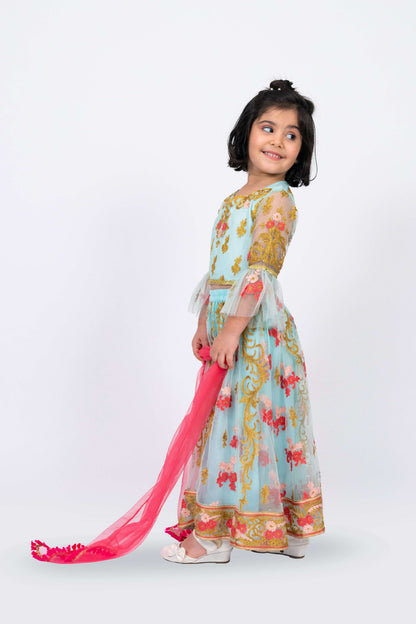 Elaisha Girls Floral Motifs Heavily Embroidered Top & Ghagra with Net Dupatta Set - Sea Green & Pink