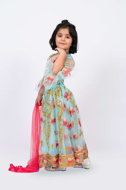 Elaisha Girls Floral Motifs Heavily Embroidered Top & Ghagra with Net Dupatta Set - Sea Green & Pink