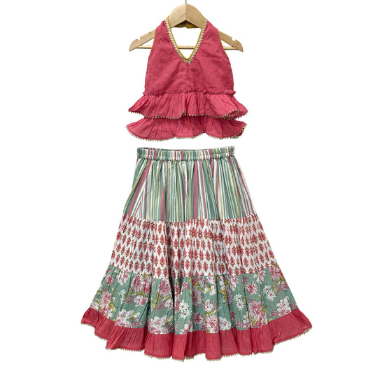Elaisha Woven Cotton Sleeveless Solid Top With All Over Printed Lehenga-Coral & Olivegreen
