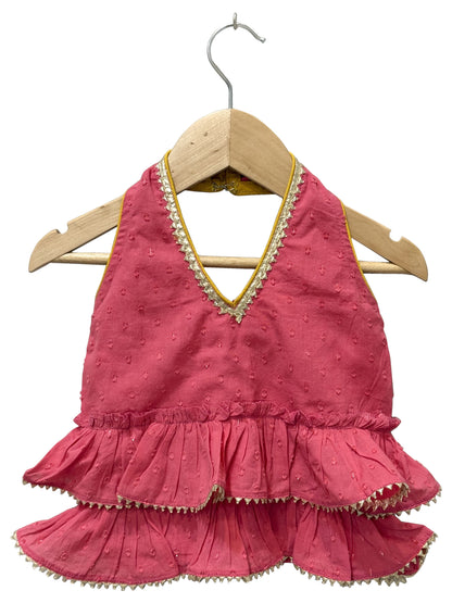Elaisha Woven Cotton Sleeveless Solid Top With All Over Printed Lehenga-Coral & Olivegreen