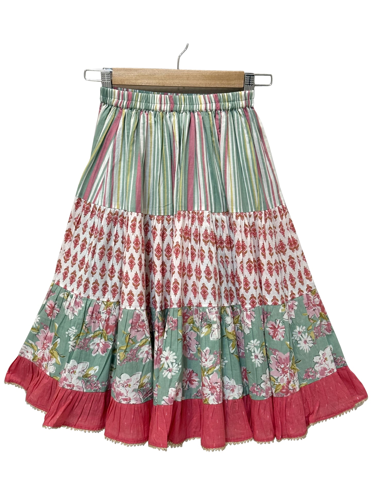 Elaisha Woven Cotton Sleeveless Solid Top With All Over Printed Lehenga-Coral & Olivegreen
