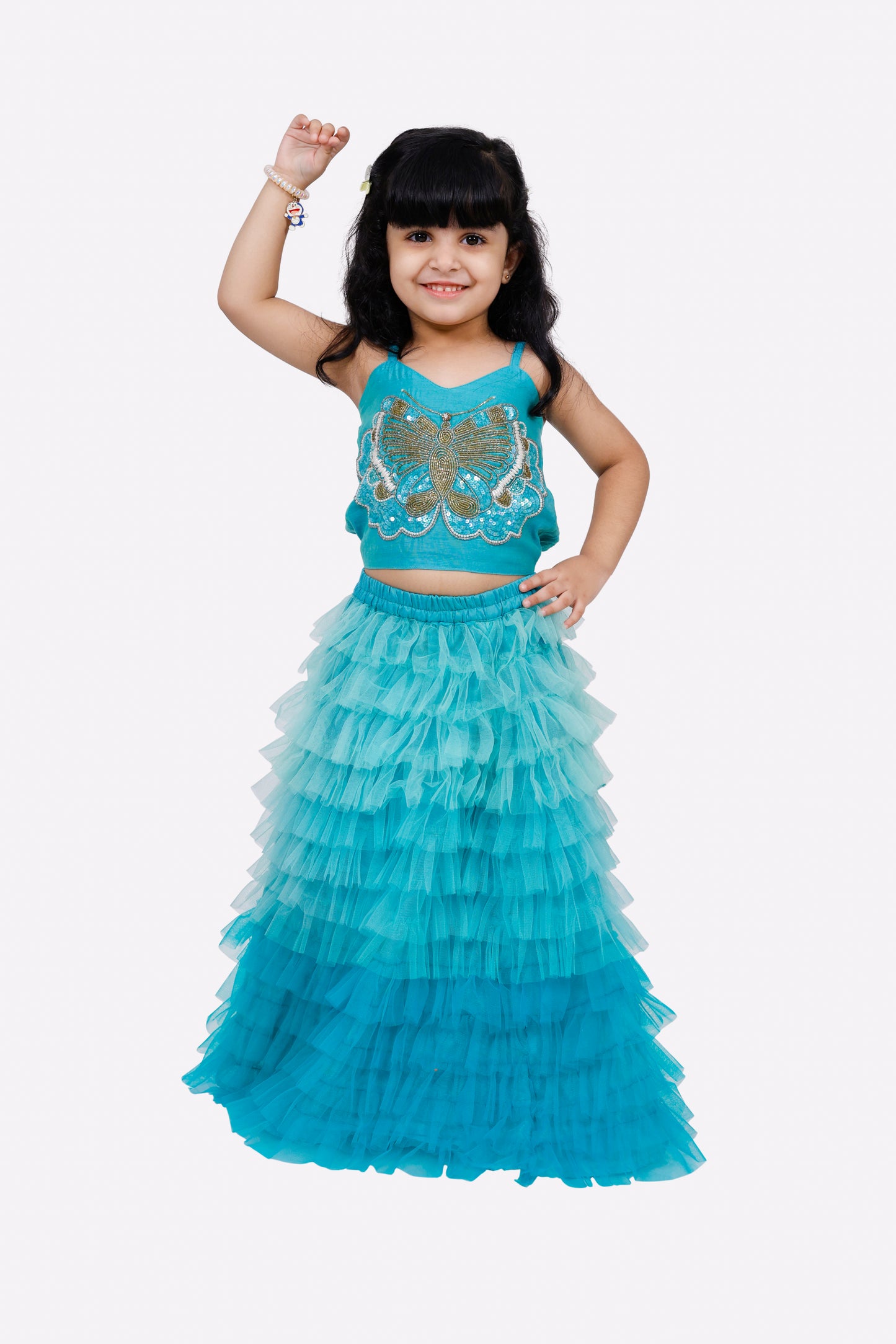 Elaisha Woven Sleeveless Placement Embroidered Top With Net lehenga-Blue