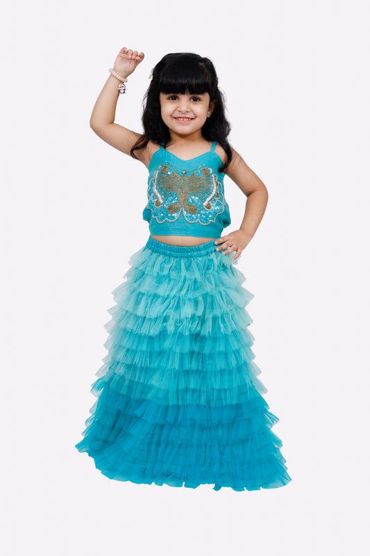 Elaisha Woven Sleeveless Placement Embroidered Top With Net lehenga-Blue