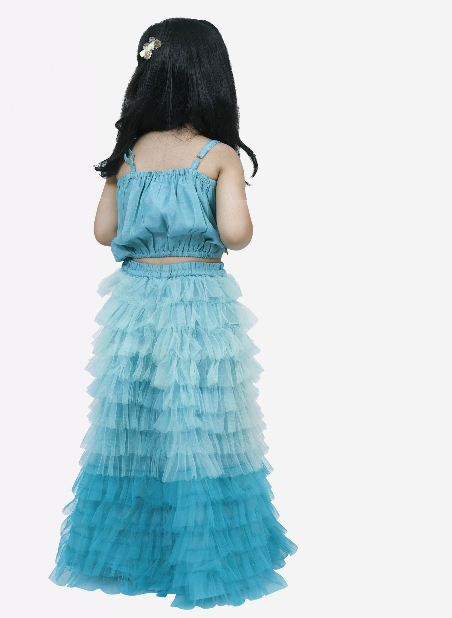 Elaisha Woven Sleeveless Placement Embroidered Top With Net lehenga-Blue