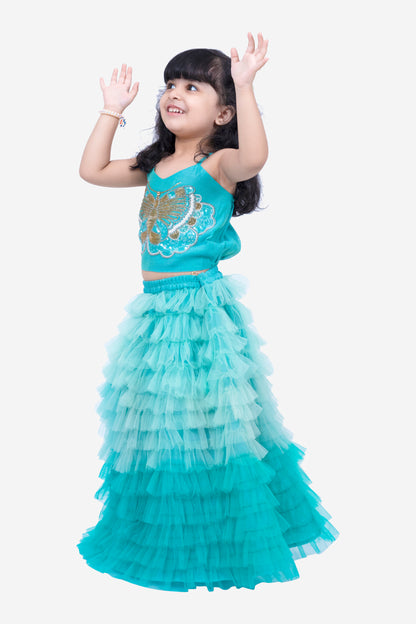 Elaisha Woven Sleeveless Placement Embroidered Top With Net lehenga-Blue