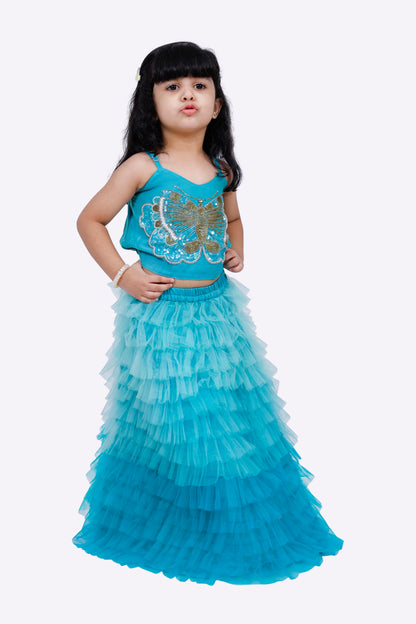 Elaisha Woven Sleeveless Placement Embroidered Top With Net lehenga-Blue
