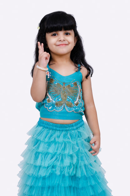 Elaisha Woven Sleeveless Placement Embroidered Top With Net lehenga-Blue