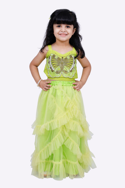 Elaisha Woven Sleeveless Placement Embroidered Top With Net lehenga-Limegreen