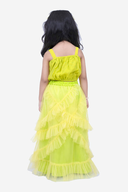 Elaisha Woven Sleeveless Placement Embroidered Top With Net lehenga-Limegreen