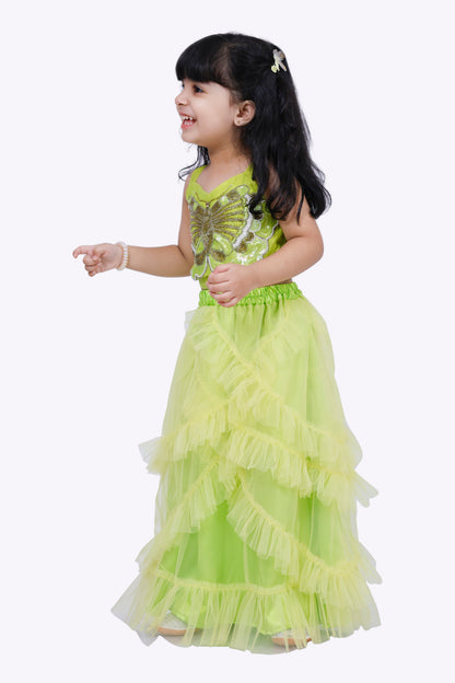 Elaisha Woven Sleeveless Placement Embroidered Top With Net lehenga-Limegreen