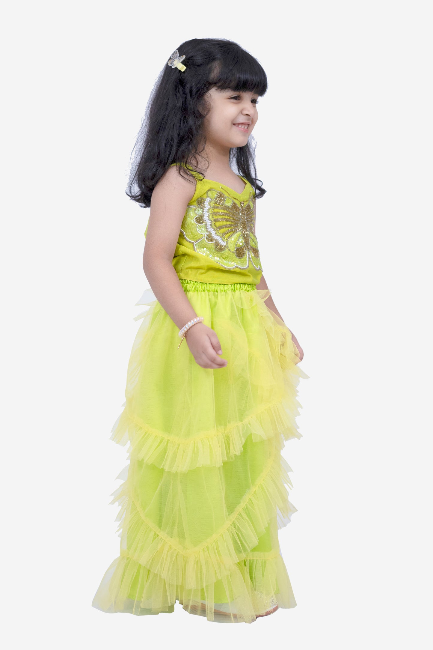 Elaisha Woven Sleeveless Placement Embroidered Top With Net lehenga-Limegreen