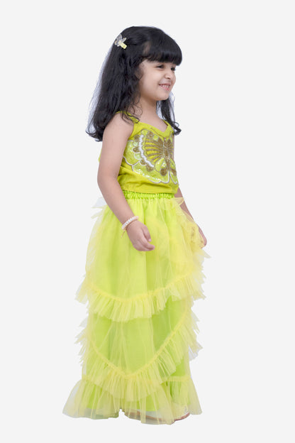 Elaisha Woven Sleeveless Placement Embroidered Top With Net lehenga-Limegreen