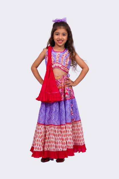 Elaisha Woven Cotton Sleeveless All Over Printed Top With Printed Lehenga-Lavender & Pink