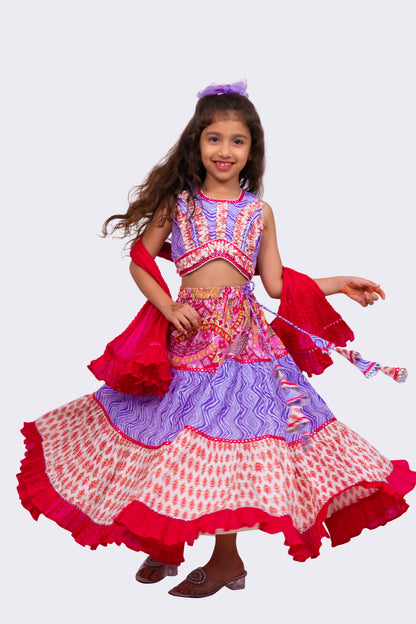 Elaisha Woven Cotton Sleeveless All Over Printed Top With Printed Lehenga-Lavender & Pink