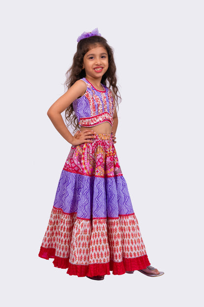 Elaisha Woven Cotton Sleeveless All Over Printed Top With Printed Lehenga-Lavender & Pink
