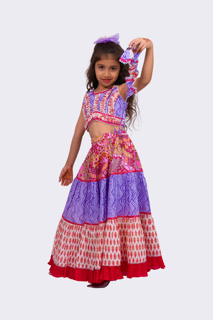 Elaisha Woven Cotton Sleeveless All Over Printed Top With Printed Lehenga-Lavender & Pink