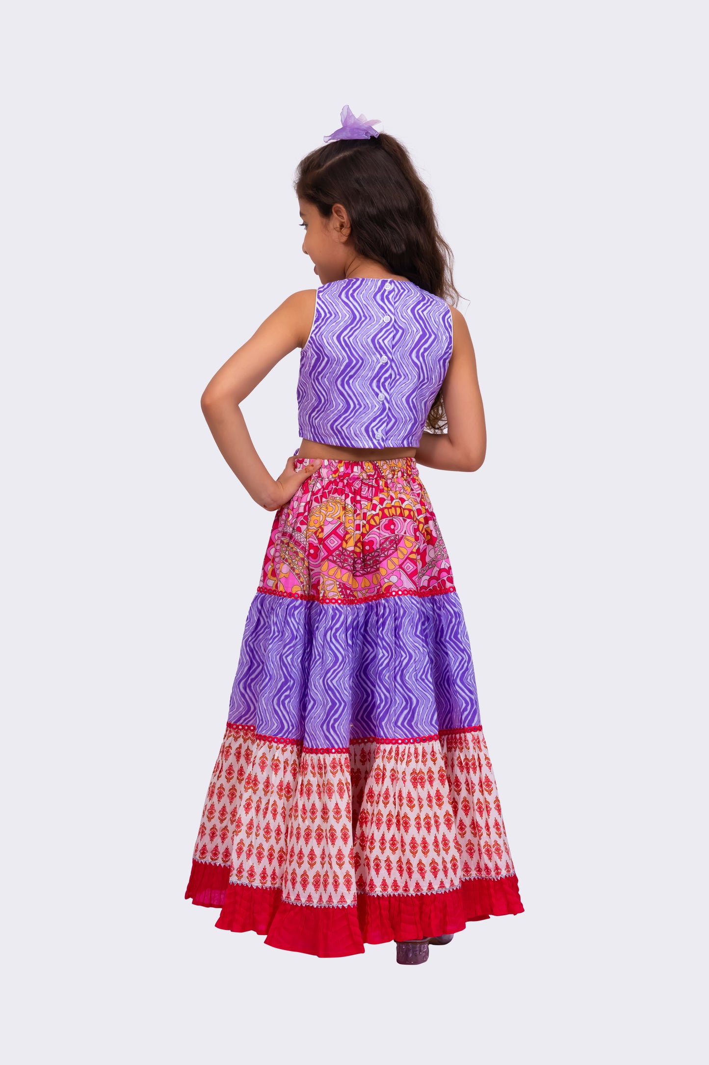 Elaisha Woven Cotton Sleeveless All Over Printed Top With Printed Lehenga-Lavender & Pink