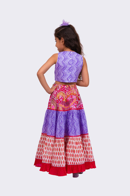 Elaisha Woven Cotton Sleeveless All Over Printed Top With Printed Lehenga-Lavender & Pink