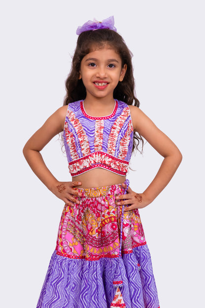 Elaisha Woven Cotton Sleeveless All Over Printed Top With Printed Lehenga-Lavender & Pink