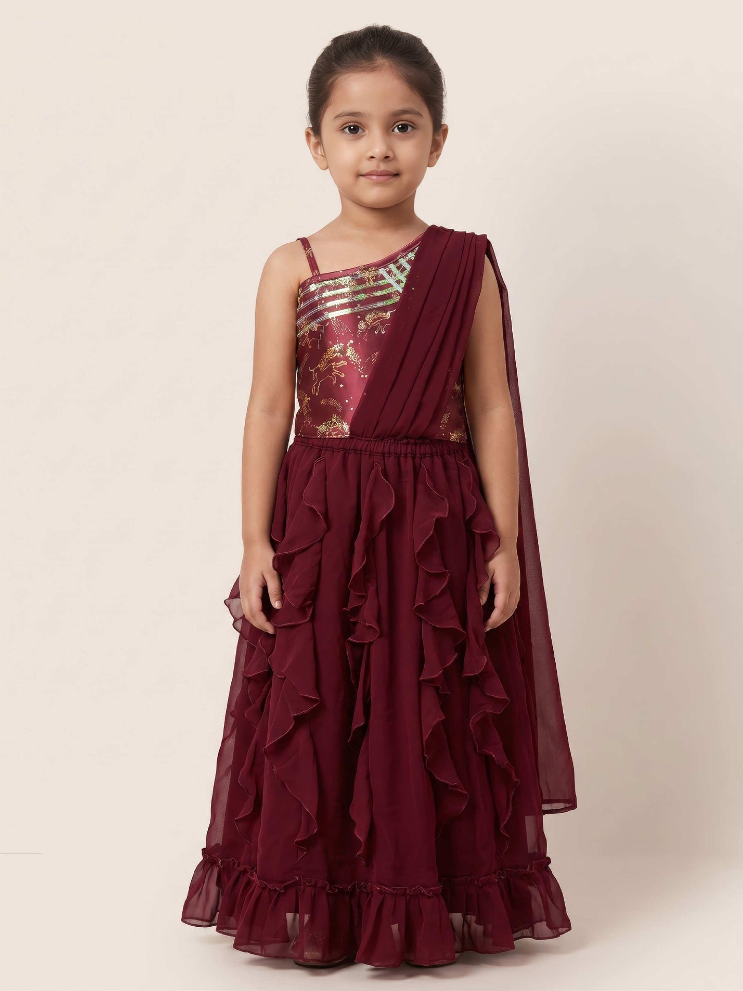 Elaisha Girls One-Shoulder Unicorn Printed Top with Draped Dupatta and Ruffled Skirt Set - Maroon