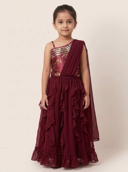 Elaisha Girls One-Shoulder Unicorn Printed Top with Draped Dupatta and Ruffled Skirt Set - Maroon