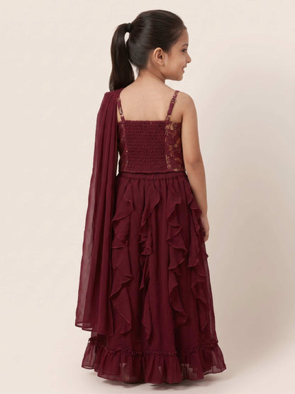 Elaisha Girls One-Shoulder Unicorn Printed Top with Draped Dupatta and Ruffled Skirt Set - Maroon