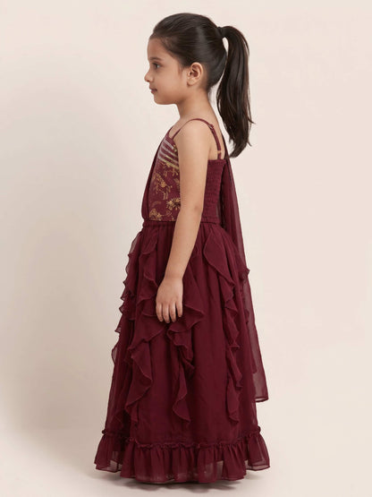 Elaisha Girls One-Shoulder Unicorn Printed Top with Draped Dupatta and Ruffled Skirt Set - Maroon